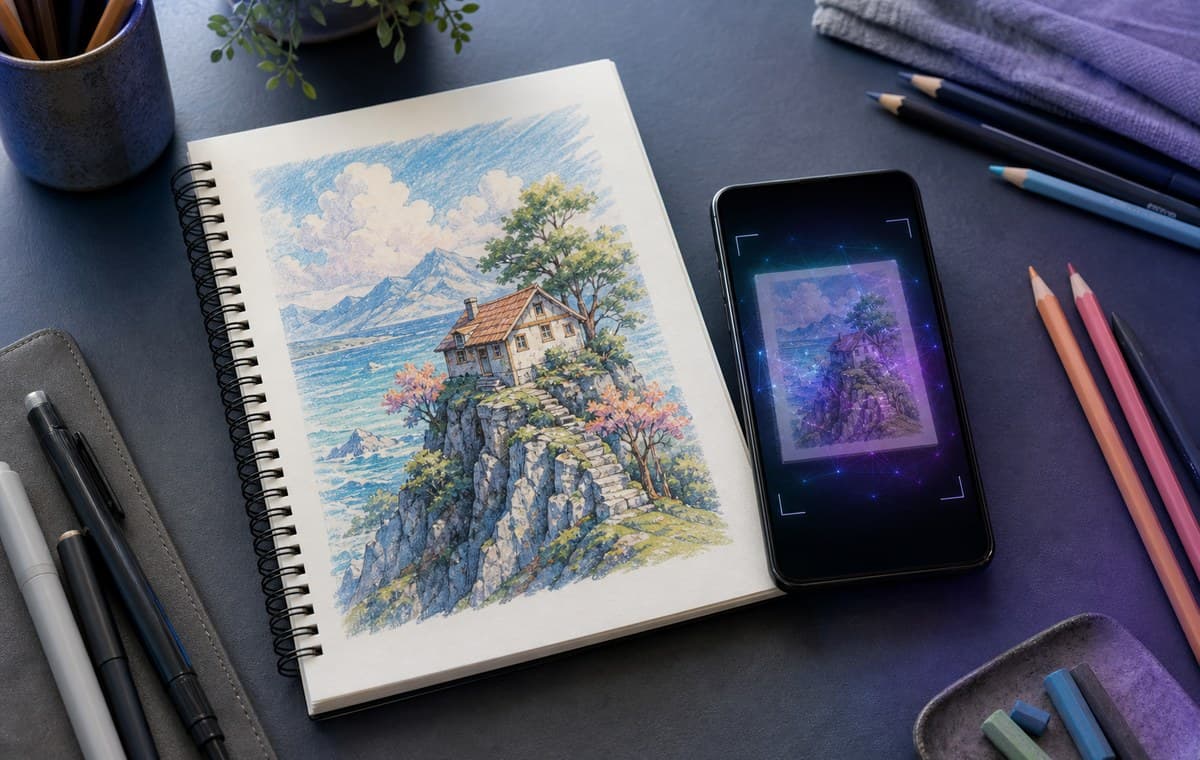 描いたイラストをスマートフォンで撮影しAI診断するイメージ