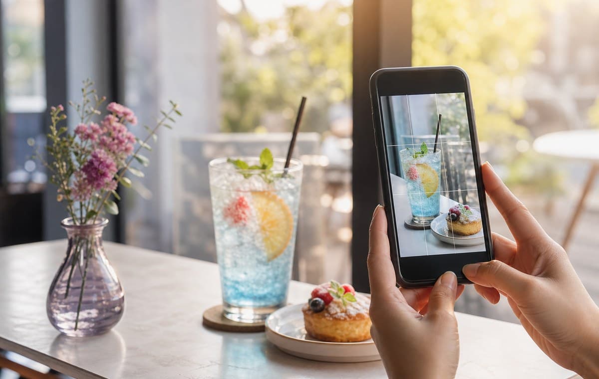 窓際のカフェでスマートフォンのグリッドを使いドリンクとケーキを撮影する手元