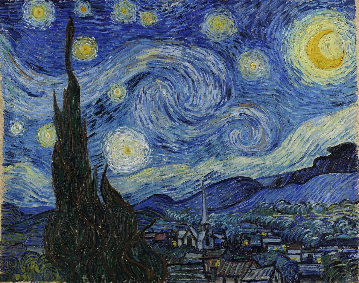 ゴッホの名画『星月夜』。渦巻く青い夜空と黄色い星、黒い糸杉が描かれている